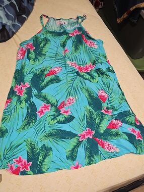 Tropical Print Halter Summer Dress 100% Viscose Turquoise with Pink Floral